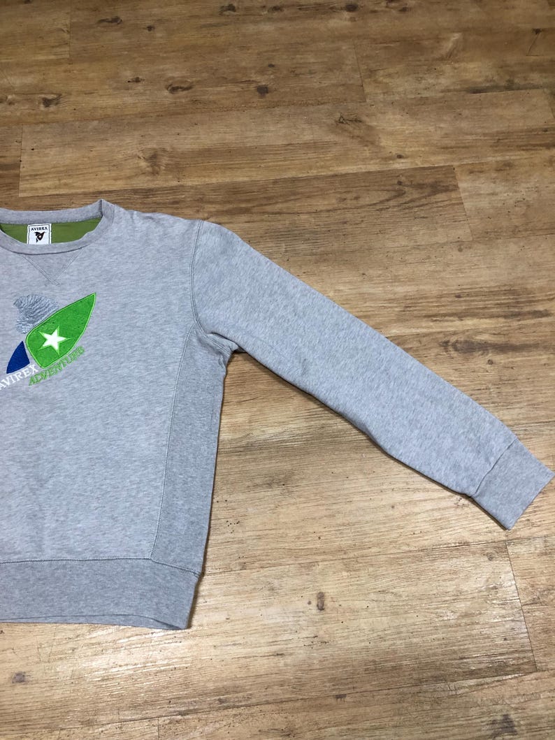 Puede incluir: Sudadera gris con un logotipo bordado en verde y azul que presenta una estrella y el texto "A.VIREX" y "EST.1957".