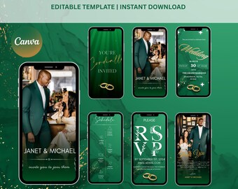 Invitación de boda verde, invitación digital romántica, elegante plantilla animada de Canva