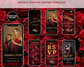 Könnte beinhalten: Eine animierte digitale Hochzeitseinladungsvorlage mit rotem Rosenhintergrund. Die Einladung enthält den Text "Animated Digital Invitation" und "Editable Template | Instant Download". Die Einladung zeigt Fotos eines Paares, Hochzeitsdetails und RSVP-Informationen.