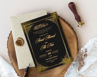 May include: Black and gold wedding invitation with Arabic calligraphy, announcing the Nikkah of Amal Ahmed and Ali Nue on Saturday, March 30, 2025 at 10:00 AM at Hotel Thynk Unlimited.
