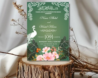 Invitación Nikkah floral verde, elegante boda musulmana (plantilla digital)
