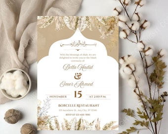 May include: An invitation card with a beige and gold design, featuring text in English and Arabic. The card announces the Nikah ceremony of Bella Hadid and Omer Ahmed on November 15th at 2:00 PM. Decorative floral elements and cotton stems surround the card.