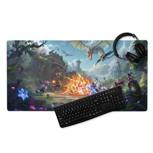 May include: A rectangular gaming mousepad featuring a fantasy battle scene with dragons, warriors, and fire. A black keyboard, mouse, and headphones are on the pad. The scene is set in a lush, colorful landscape.
