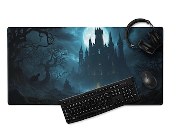 Gothic Schloss Matte, Dark Fantasy Schreibtischmatte, 36×18 oder 18×16, abgesteppte Kanten, rutschfeste Gummiunterseite, Gaming Mauspad, 4 mm