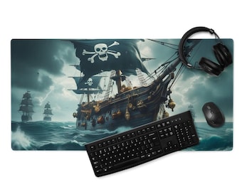 Piratenschiff Schreibtischmatte, Jolly Roger Stormy Sea Schreibtischmatte, 36×18 oder 18×16, genähte Kanten, rutschfeste Gummibasis, Gaming Mauspad, 4 mm