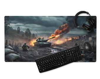 Gefesselte Schreibtischunterlage, Gefecht mit Panzer, Soldaten, Explosionen, umnähte Kanten, rutschfeste Gummiunterseite, Gaming Mauspad, 4 mm