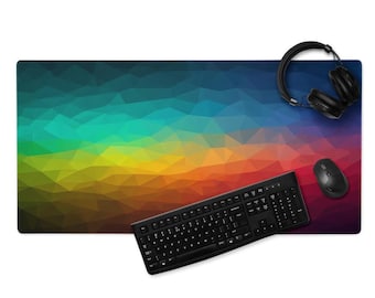 Regenbogenfarben Schreibtischmatte, Abstraktes Design, Geometrischer Verlauf, Bunt Low Poly, Genähte Kanten, Rutschfeste Gummiunterlage, 4 mm