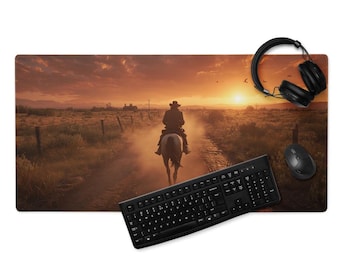 Western Schreibtischmatte, Sonnenuntergang in der Wüste, Cowboy Szene, Filmische Landschaft, abgesteppte Kanten, rutschfeste Gummiunterseite, 4 mm, Gaming Mauspad