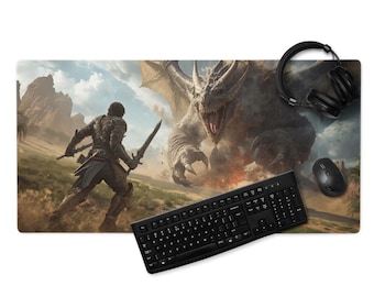 Monster Slayer Schreibtischmatte, Epic Dragon Slayer & Monster Hunter, genähte Kanten, rutschfeste Gummibasis, Gaming Mauspad, 4 mm