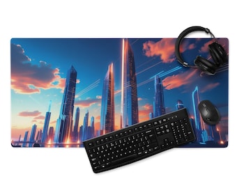 Neon Futuristische Stadt Mauspad - Cyberpunk Skyline Schreibtischmatte, 36×18 oder 18×16, genähte Kanten & rutschfeste Gummiunterseite