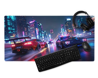 Neon Schreibtischmatte, Night Racer, Rennen gegen die Geschwindigkeit, 36×18 oder 18×16, genähte Kanten & rutschfeste Gummiunterseite, Gaming Mauspad, 4 mm