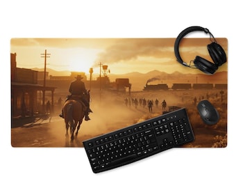 Western Cowboy Schreibtischmatte, Wilder Westen Sonnenuntergang, abgesteppte Kanten, rutschfeste Gummiunterseite, Gaming Mousepad, 4 mm