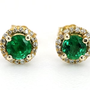 14K Gold Emerald and Diamond Stud Earrings Center Emerald with  Natural Diamond Accents - Elegant, Timeless, and Unique