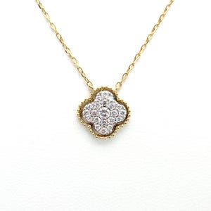 Diamond Clover Pendant/ Small Clover Charm Necklace/ Diamond Necklace/ Solid 18K Gold/Diamond Cluster Necklace/Anniversary Gift
