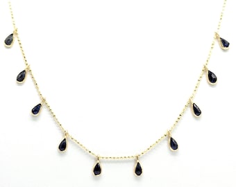 14K Gold Sapphire Dangle Necklace: Pear Gemstone Charm