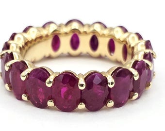 Anel Eternity de Rubi em Ouro 14K, Joia de Aniversário com Pedra Preciosa Vermelha