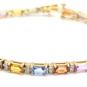 Rainbow Sapphire Baguette Tennis Bracelet with Diamond, Stackable Multi Gemstone Bracelet, 14k Gold Bracelet, Natural Diamond  Bracelet