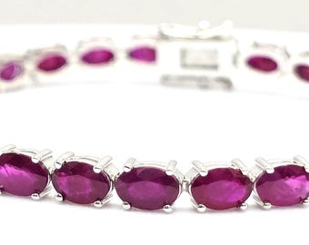 Pulsera de tenis con rubí en oro blanco de 14 k: piedras preciosas ovaladas de 14,63 ct
