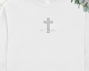 Cross and Mountain Sweatshirt, Minimalist Christian Shirt, Faith Based Gift