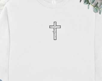 Cross Vine Sweatshirt, Minimalist Christian Sweater, Small Cross Faith Based Gift