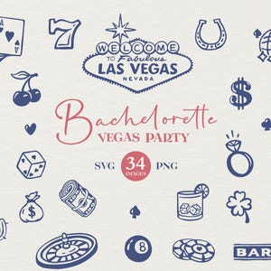 Las Vegas Bachelorette clipart dessinés à la main. Icônes sur le thème du casino en SVG et PNG. Clipart parfait pour la mariée pour les retouches Canva.