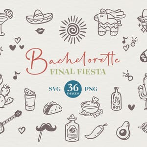 Mexico vrijgezellenfeest handgetekende illustraties. Vrijgezellenfeest clipart met Mexicaanse thema in SVG en PNG. Bruidsclipart voor Canva Edits