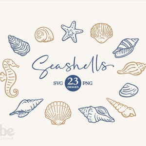 May include: Illustration of various seashells in blue and tan, including a starfish and seahorse. The word "Seashells" is written in cursive, with "23 Images" below.