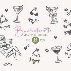 Ilustraciones dibujadas a mano de martinis y bikinis. Clipart perfecto para despedidas de soltera con temática de bikinis y martinis. PNG y SVG. Editable en Canva.
