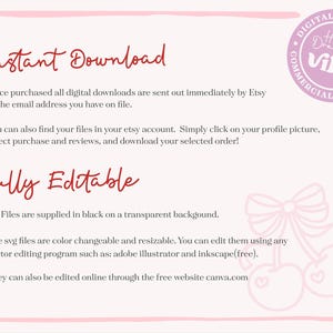 May include: A light pink digital download information sheet with the words "Instant Download" and "Fully Editable" in a cursive font. The sheet includes details about the digital files, with a "Digital Download" logo in the upper right corner.