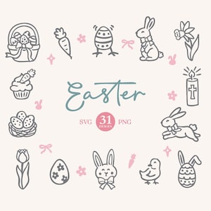 May include: A collection of Easter-themed line art illustrations. The image features various icons, including Easter eggs, bunnies, carrots, flowers, and a basket. The word "Easter" is written in cursive. The image also includes the text "SVG 31 PNG IMAGES".