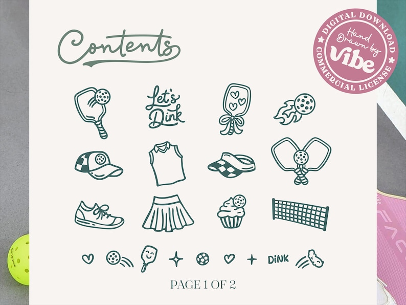 Op de afbeelding: Een digitale downloadafbeelding met illustraties over het thema pickleball. De afbeelding bevat een paddle, bal, kleding en de tekst "Contents", "Let's Dink" en "Page 1 of 2". Een roze cirkel met de tekst "Digital Download" staat rechtsboven.