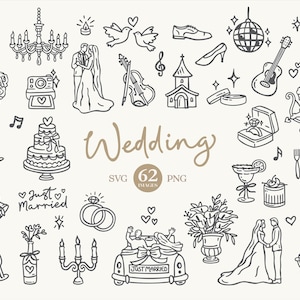 May include: A set of black and white line drawings depicting various wedding-related items. The illustrations include a wedding cake, champagne flutes, a bride and groom, rings, a church, and other associated elements. The word "Wedding" is in a cursive font.