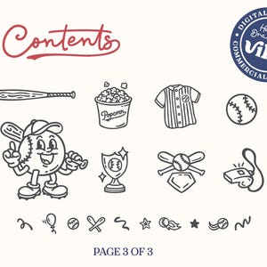 May include: Black and white line art illustrations of baseball-themed items, including a baseball bat, popcorn, a baseball character, a jersey, a baseball, a trophy, crossed bats, a whistle, and other baseball-related icons. The word "Contents" is written in red.
