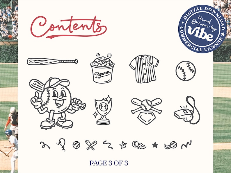 May include: Black and white line art illustrations of baseball-themed items, including a baseball bat, popcorn, a baseball character, a jersey, a baseball, a trophy, crossed bats, a whistle, and other baseball-related icons. The word "Contents" is written in red.