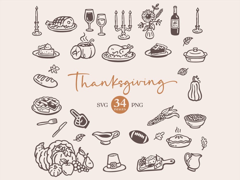 Thanksgiving Clipart: Hand Drawn Friendsgiving Clipart (SVG, PNG, Canva Editable)