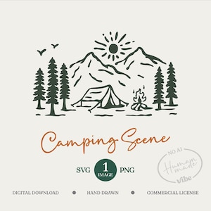 キャンプシーンのイラスト：手描きのキャンプ場の線画（SVG および PNG、商用利用可能）