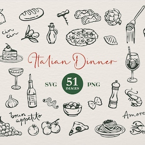 Clipart di una cena italiana: illustrazioni disegnate a mano (file SVG e PNG. Modificabili con Canva)