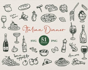 Italian Dinner Clipart: Hand-Drawn Illustrations (SVG and PNG Files. Canva Editable)