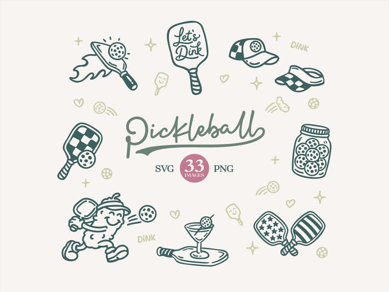 Op de afbeelding: Een verzameling handgetekende pickleball-illustraties. De afbeelding bevat rackets, ballen, petten en een pot met ballen, samen met het woord "Pickleball" en de tekst "SVG 33 PNG". Het kleurenpalet is voornamelijk groen en wit.