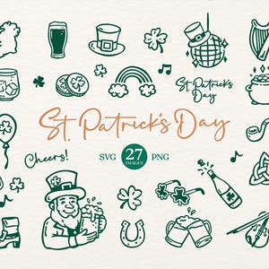 Puede incluir: Colección de ilustraciones verdes y beige con temática del Día de San Patricio. Incluye un mapa de Irlanda, cerveza, un sombrero de duende, tréboles, un arcoíris, notas musicales y el texto "St. Patrick's Day".