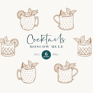 Illustrations dessinées à la main de cocktail mule de Moscou. Dessins de cocktails Moscow Mule aux formats SVG et PNG. Parfait pour les retouches Canva