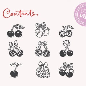 May include: A collection of black and white cherry illustrations with various designs, including cherries with bows, hearts, dice, and disco ball patterns. The word "Contents" is written in red script at the top.