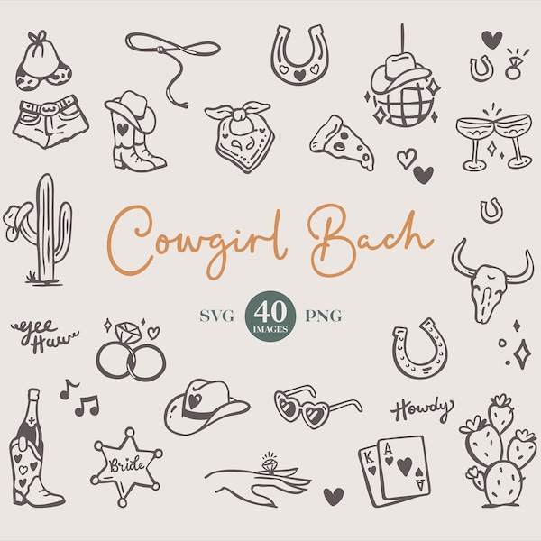 Cowgirl Bachelorette Clipart: Hand Drawn Western Bridal Party Doodles ( SVG and PNG, Commercial License)