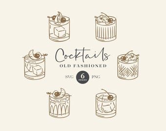 Old Fashioned Cocktail Illustrations: Hand-Drawn SVG and PNG Clipart, Digital Download