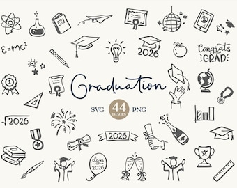Graduation 2026 Clipart: Hand-Drawn Graduation Doodles (SVG and PNG. Commercial License)
