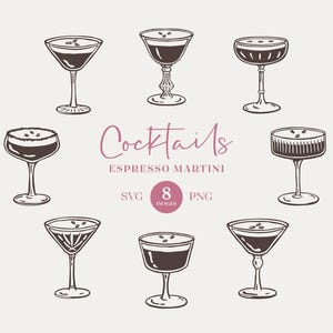 Ilustraciones de cócteles Espresso Martini dibujadas a mano. Íconos de Espresso Martini para cócteles, menús y papelería. SVG PNG. Editable en Canva.