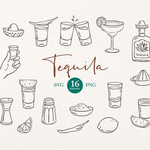 Illustrations dessinées à la main de tequila. Images clipart originales sur le thème de la tequila pour les invitations à des fêtes, les menus, les produits dérivés pour célibataires. PNG SVG. Toile modifiable