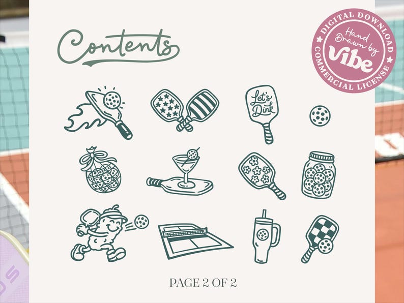Op de afbeelding: Een digitale downloadafbeelding met verschillende pickleball-thema-illustraties in zwart en wit. De afbeelding bevat pickleball-peddels, ballen, een baan en tekst met de tekst "Contents", "Let's Dink" en "Page 2 of 2". Er is ook een roze cirkel met tekst aanwezig.
