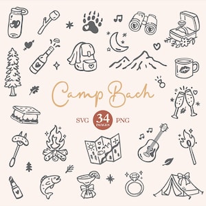 Może przedstawiać: Zbiór ręcznie rysowanych ilustracji o tematyce kempingowej i zaręczynowej w czerni i bieli. Zawiera namiot, pierścionek, gitarę, ognisko, lornetkę oraz napis "Camp Bach". Obraz zawiera również mapę, plecak i s'more.