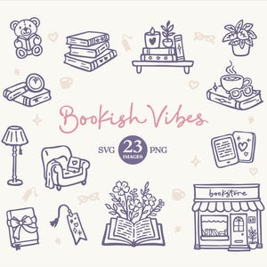 May include: Line art illustration with the text "Bookish Vibes" featuring a teddy bear reading, stacks of books, a bookshelf with candles, a coffee cup, a reading lamp, an armchair, and a bookstore.